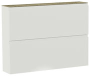 Moderner Hängeschuhschrank mit zwei Klappen in Weiß mit Holzoberfläche, seitliche Perspektive