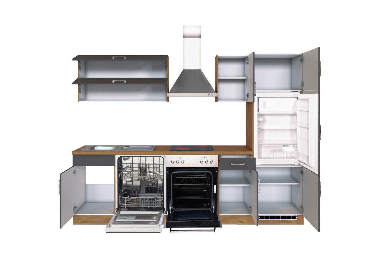 Moderne Küchenzeile mit offenen Schränken, eingebautem Herd, Geschirrspüler und Kühlschrank, frontal betrachtet.