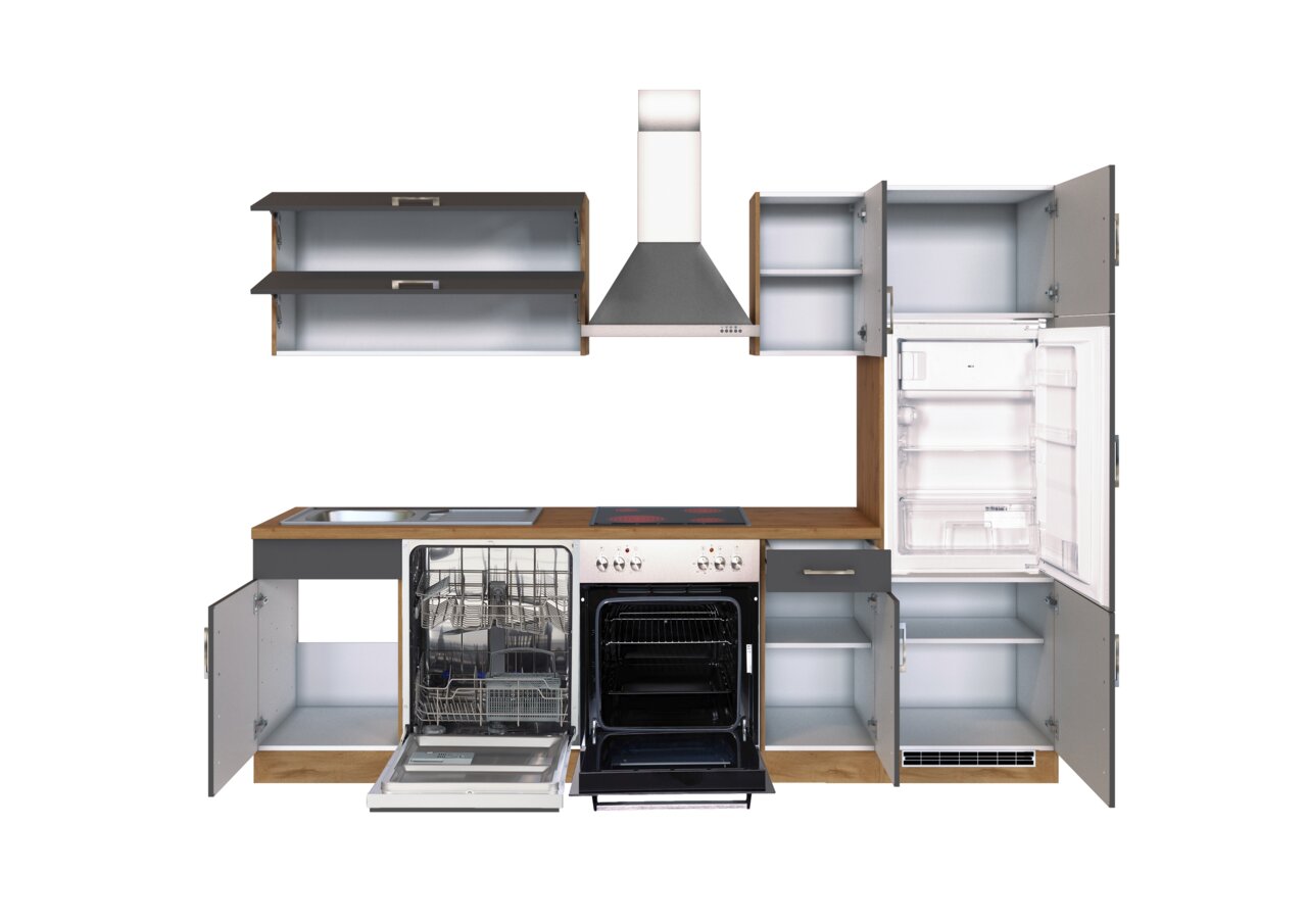 Moderne Küchenzeile mit offenen Schränken, eingebautem Herd, Geschirrspüler und Kühlschrank, frontal betrachtet.