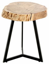 Beistelltisch mit runder Holzplatte und schwarzen Metallbeinen, seitliche Perspektive