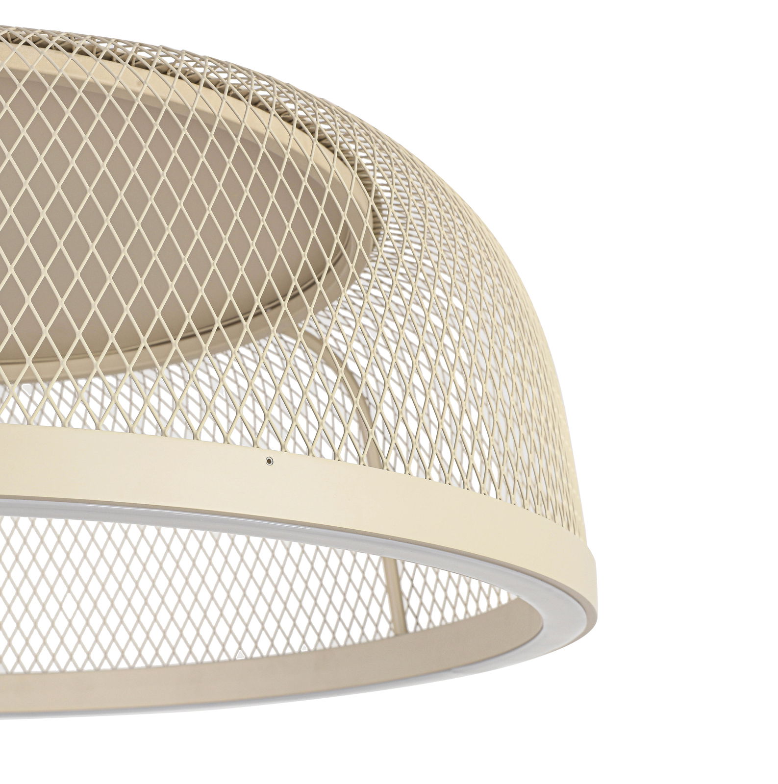 Nahaufnahme einer modernen LED-Deckenleuchte mit einem eleganten, gitterförmigen Design in Beige.