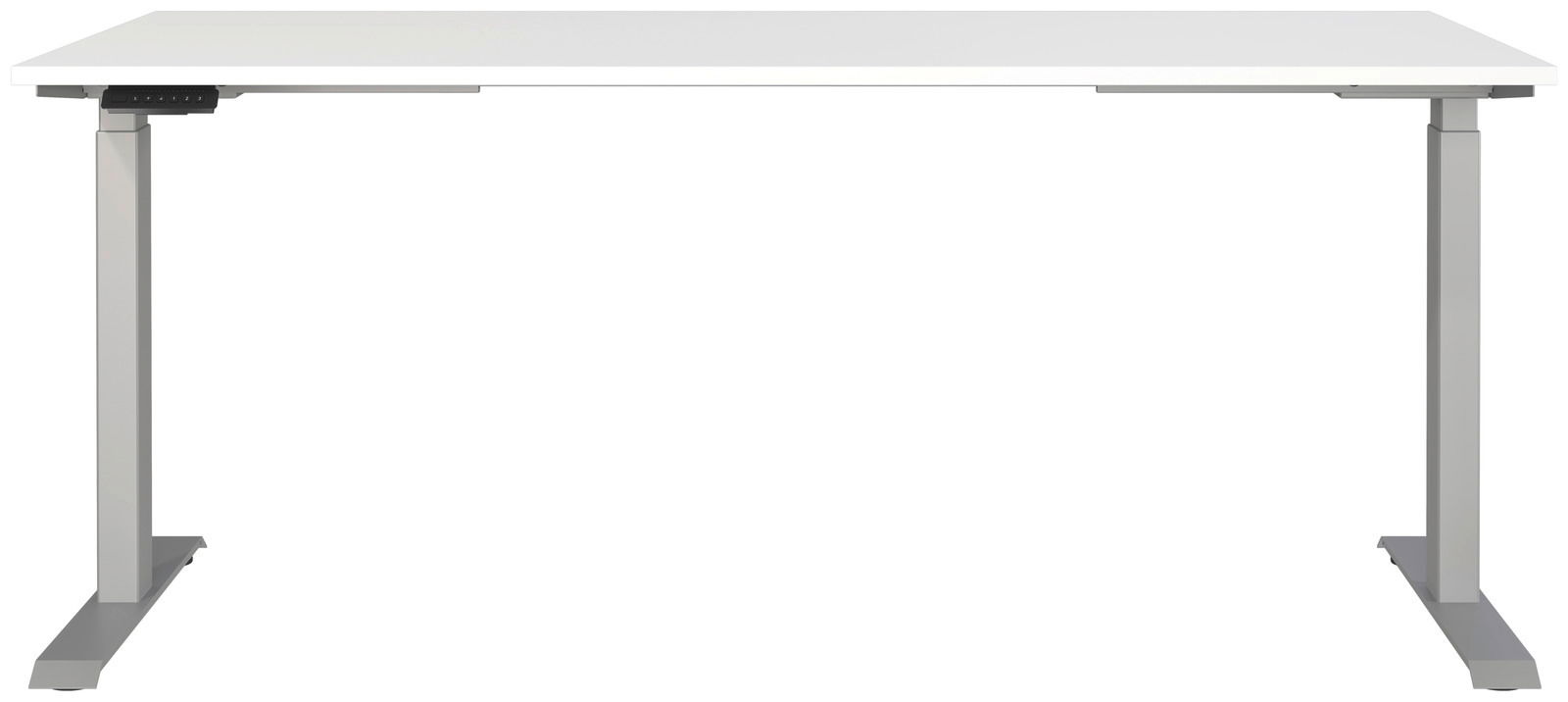 Moderner E-Schreibtisch 180x80 cm in Frontalansicht mit weißer Tischplatte und grauen, höhenverstellbaren Beinen.