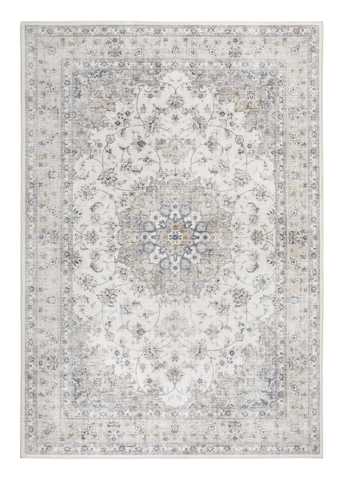 Teppich mit floralem Muster in Beige- und Grautönen, Draufsicht