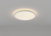 Ronde led-plafondlamp met zacht, warmwit licht, gezien van onderaf.
