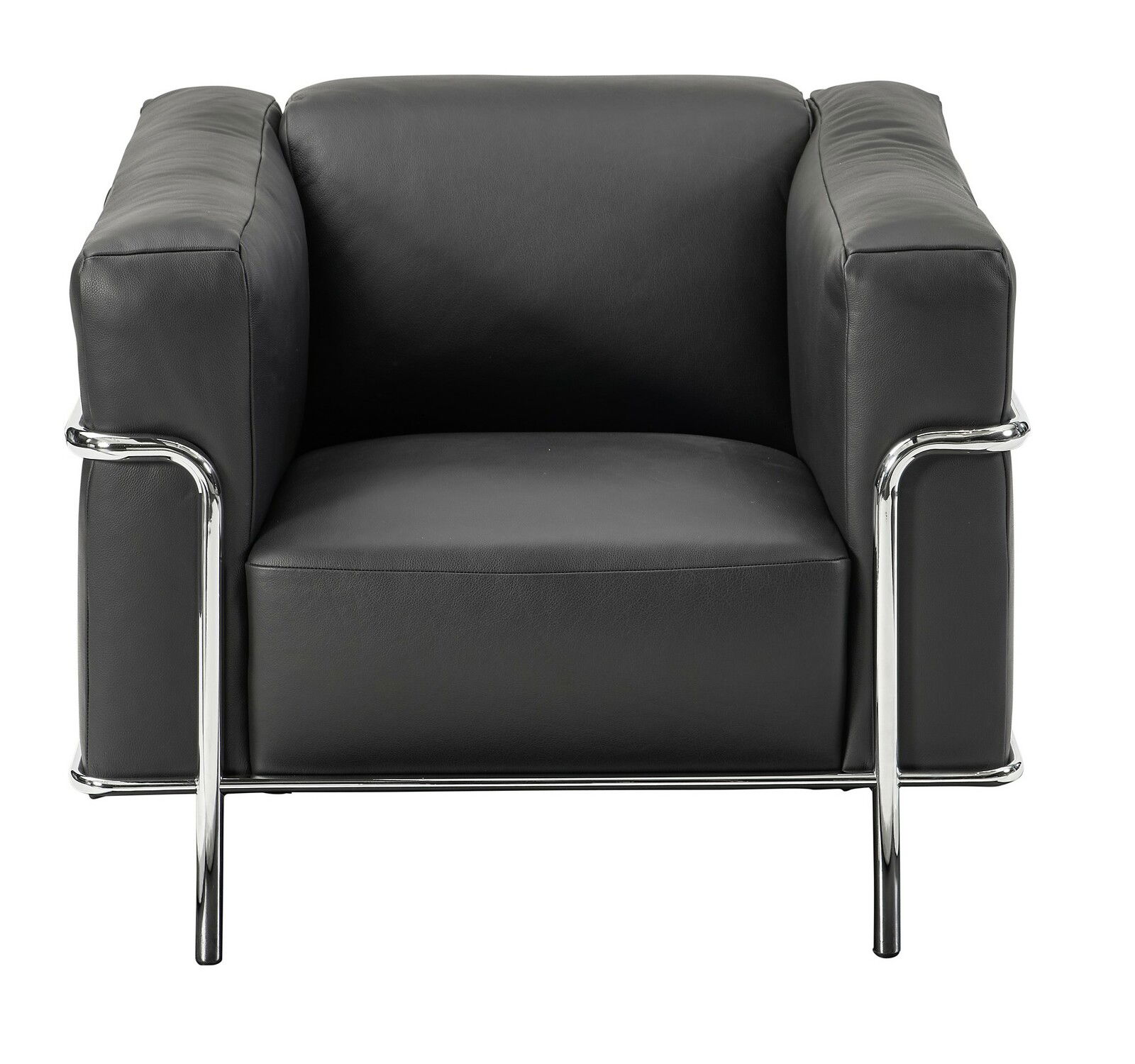Moderner schwarzer Ledersessel mit verchromtem Gestell, Frontalansicht