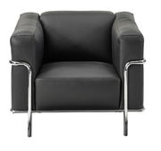 Moderner schwarzer Ledersessel mit verchromtem Gestell, Frontalansicht
