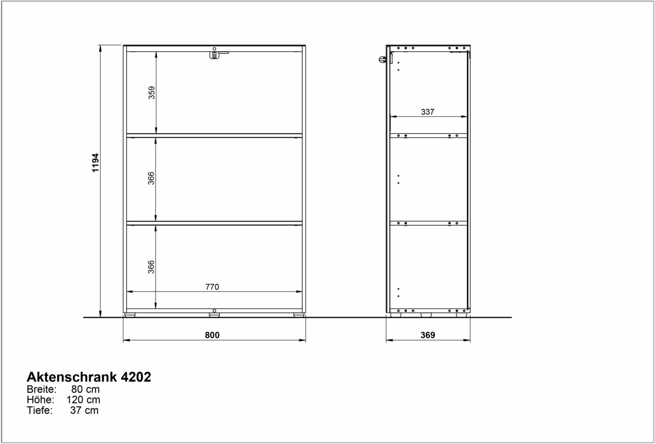 Zeichnung eines niedrigen Aktenschranks mit drei Fächern, Vorder- und Seitenansicht, Maße: Breite 80 cm, Höhe 120 cm, Tiefe 37 cm