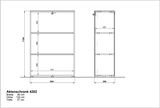 Zeichnung eines niedrigen Aktenschranks mit drei Fächern, Vorder- und Seitenansicht, Maße: Breite 80 cm, Höhe 120 cm, Tiefe 37 cm