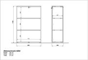 Zeichnung eines niedrigen Aktenschranks mit drei Fächern, Vorder- und Seitenansicht, Maße: Breite 80 cm, Höhe 120 cm, Tiefe 37 cm