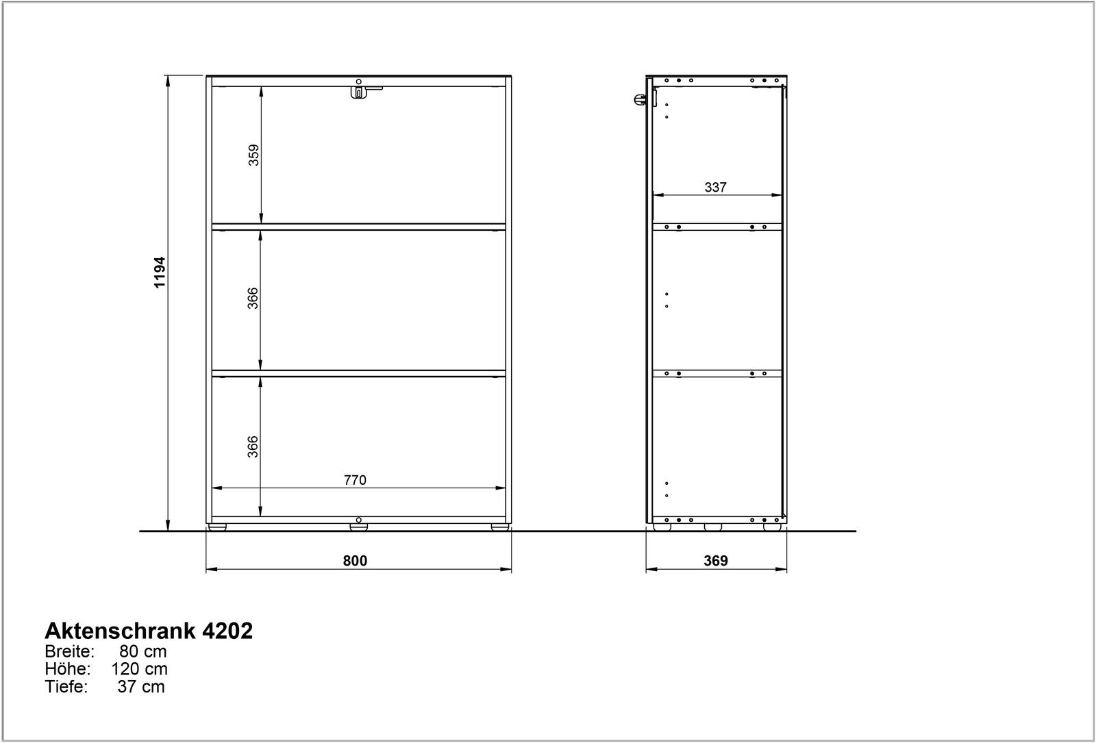 Zeichnung eines niedrigen Aktenschranks mit drei Fächern, Vorder- und Seitenansicht, Maße: Breite 80 cm, Höhe 120 cm, Tiefe 37 cm