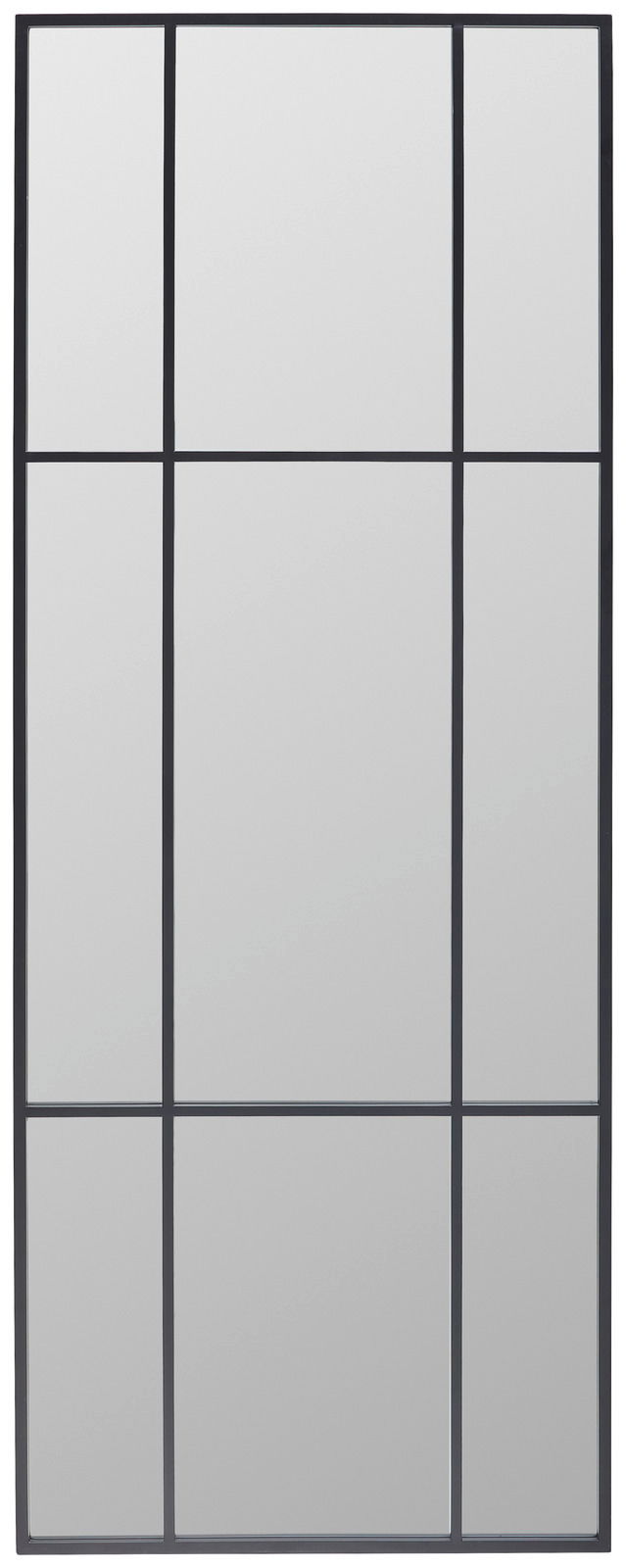 Großer rechteckiger Spiegel mit schwarzem Rahmen, in neun gleichmäßige Abschnitte unterteilt, frontal betrachtet.