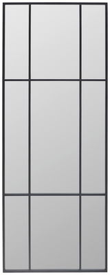 Großer rechteckiger Spiegel mit schwarzem Rahmen, in neun gleichmäßige Abschnitte unterteilt, frontal betrachtet.