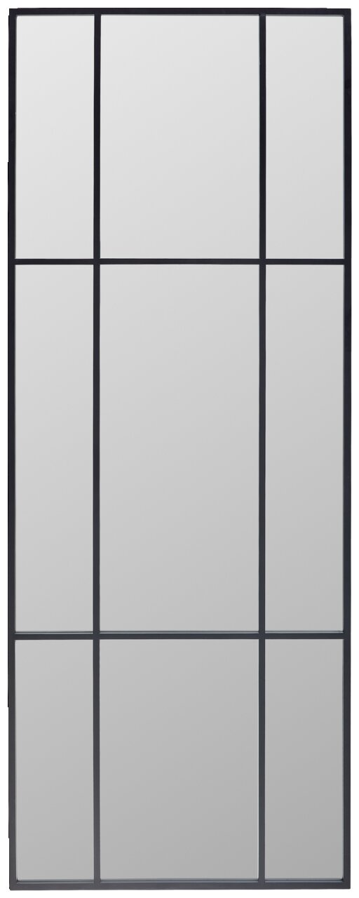 Großer rechteckiger Spiegel mit schwarzem Rahmen, in neun gleichmäßige Abschnitte unterteilt, frontal betrachtet.