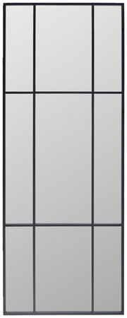 Großer rechteckiger Spiegel mit schwarzem Rahmen, in neun gleichmäßige Abschnitte unterteilt, frontal betrachtet.