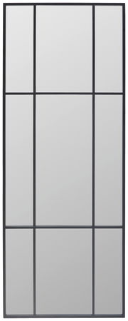 Großer rechteckiger Spiegel mit schwarzem Rahmen, in neun gleichmäßige Abschnitte unterteilt, frontal betrachtet.