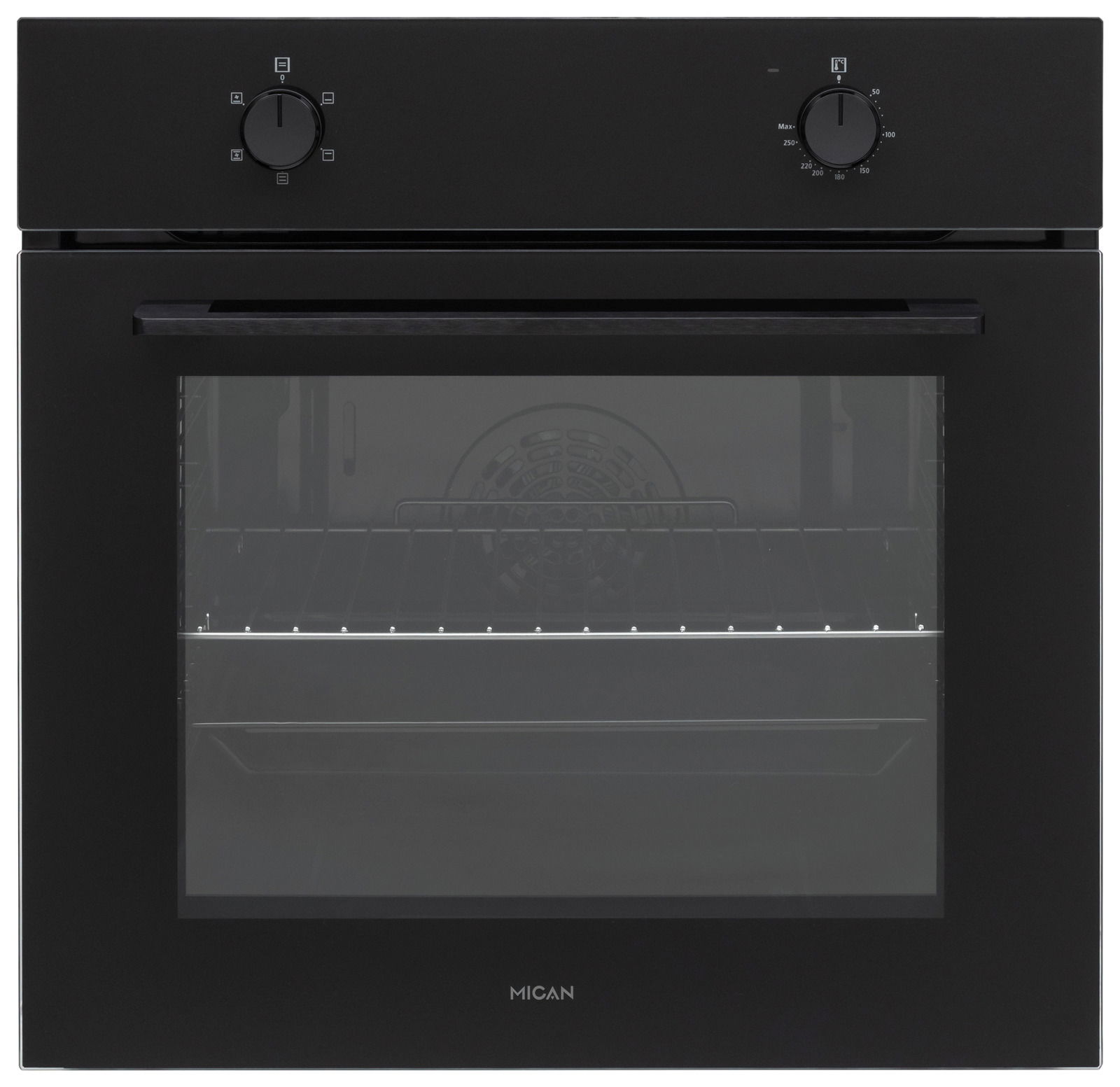 Schwarzer Einbaubackofen mit zwei Drehknöpfen, Frontansicht