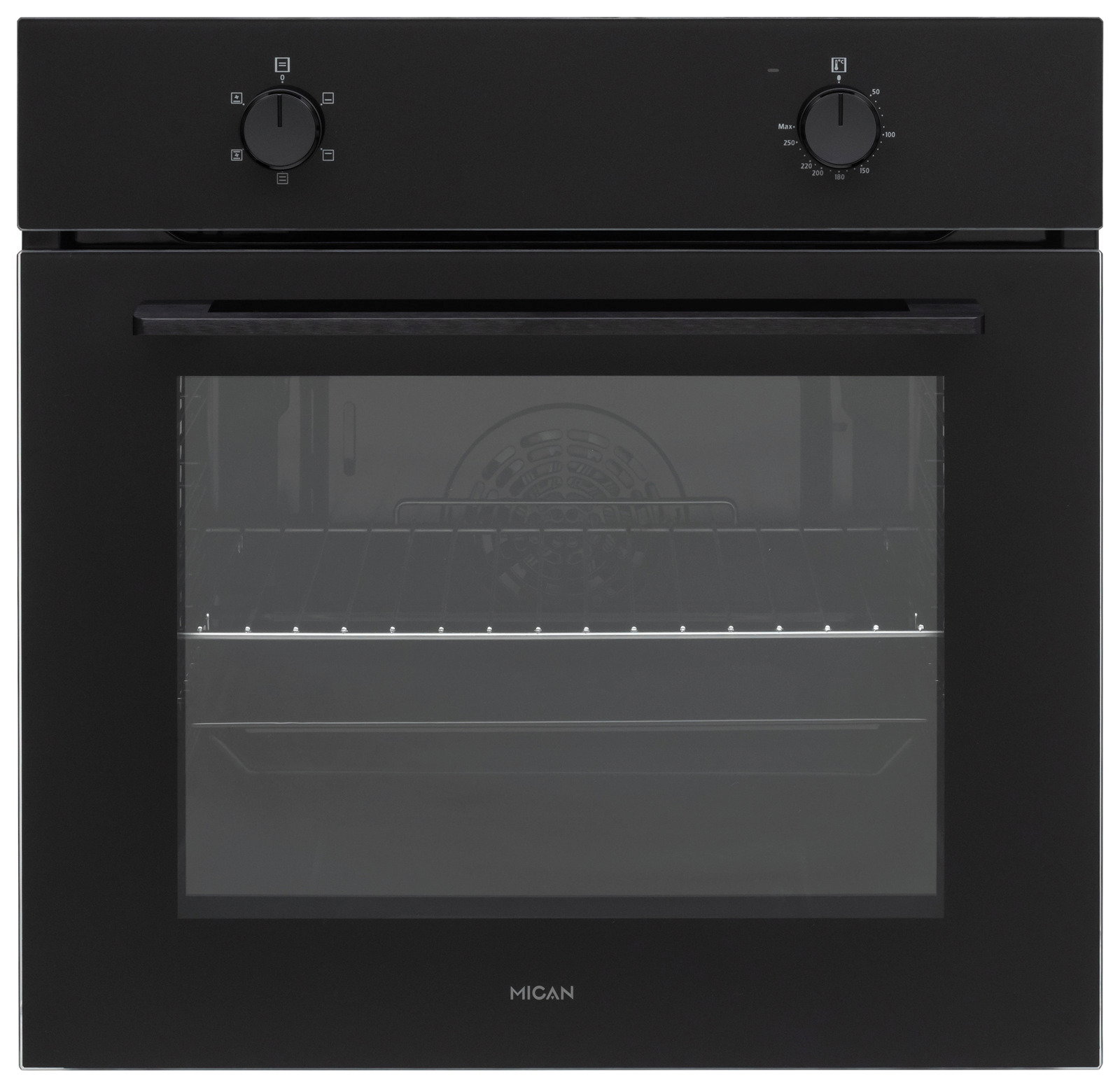 Schwarzer Einbaubackofen mit zwei Drehknöpfen, Frontansicht