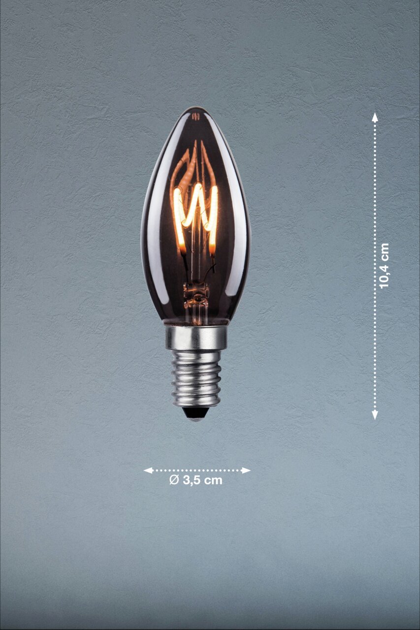 Elegante Glühbirne in Kerzenform mit sichtbarem Glühfaden, seitliche Perspektive, Höhe 10,4 cm, Durchmesser 3,5 cm.
