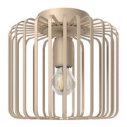 Beige Deckenleuchte mit zylindrischem Metallgitter und sichtbarem LED-Filament-Leuchtmittel, frontal aus leicht niedriger Perspektive aufgenommen.