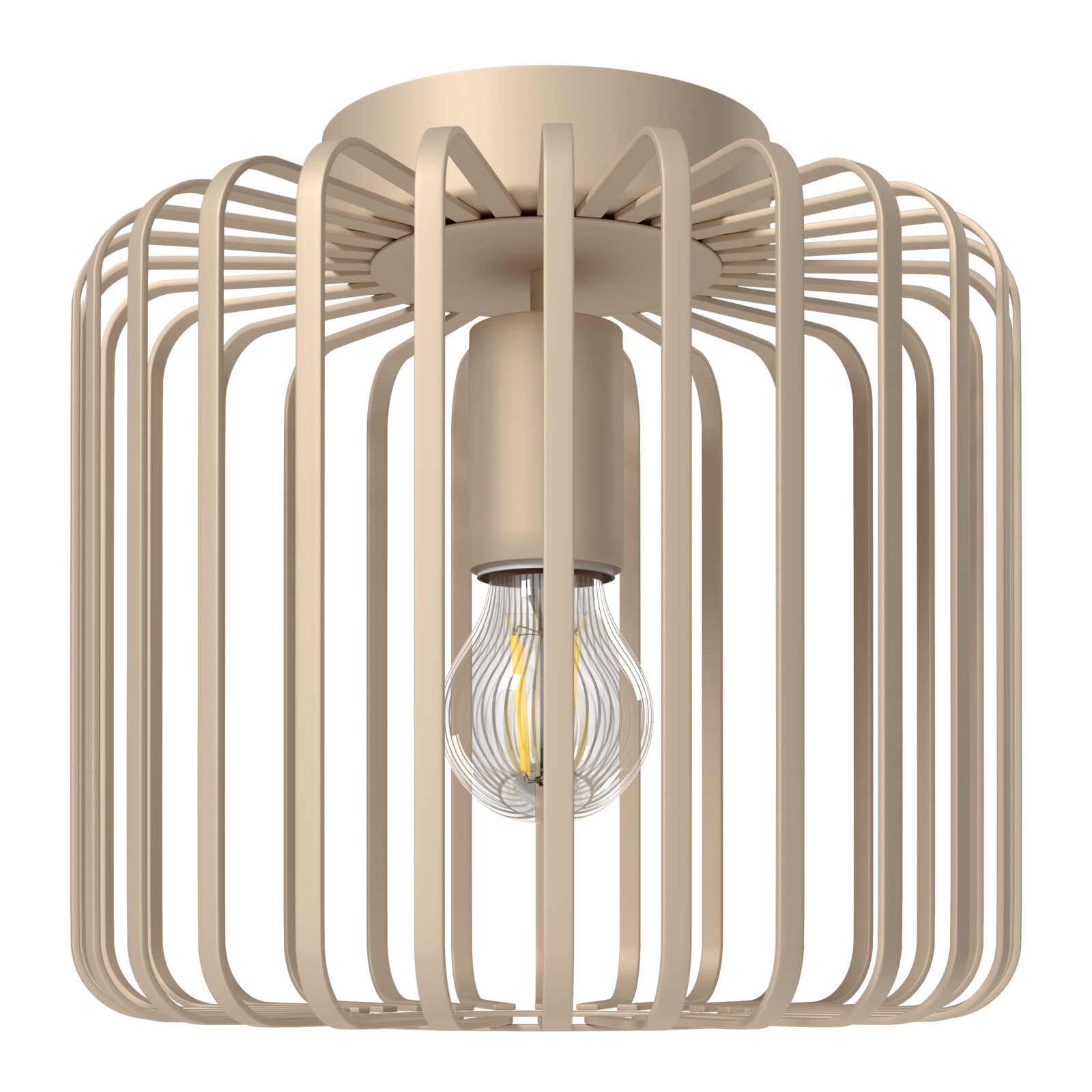 Beige Deckenleuchte mit zylindrischem Metallgitter und sichtbarem LED-Filament-Leuchtmittel, frontal aus leicht niedriger Perspektive aufgenommen.