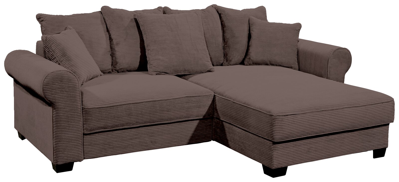 Hom´in Ecksofa MAUREEN Braune Rundecke mit mehreren Kissen, aus einer leicht erhöhten Perspektive fotografiert