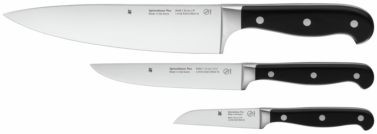 Dreiteiliges Messerset mit schwarzen Griffen, bestehend aus einem großen Kochmesser, einem mittleren Allzweckmesser und einem kleinen Gemüsemesser, seitliche Ansicht.