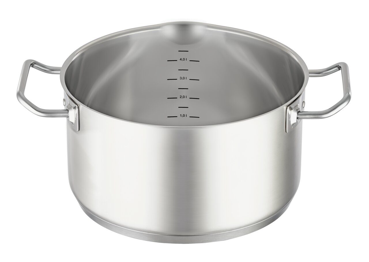 Edelstahl-Kochtopf Expertiso 24cm mit Messskala, seitliche Perspektive
