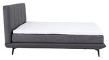 Seitliche Ansicht eines modernen Boxspringbetts mit grauem Kopfteil und weißer Matratze.