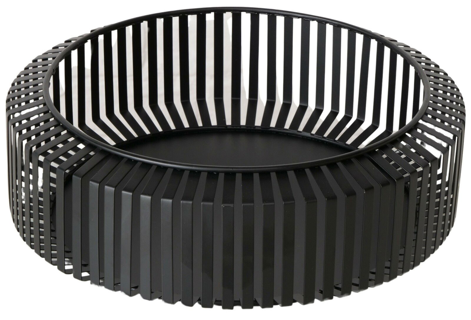 Schwarze, runde Schale mit modernem, gitterartigem Design, seitliche Perspektive