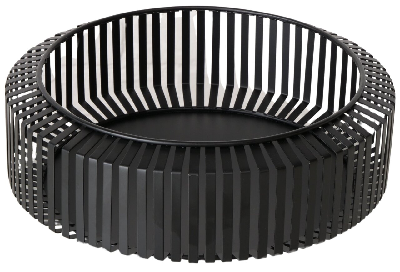 Schwarze, runde Schale mit modernem, gitterartigem Design, seitliche Perspektive