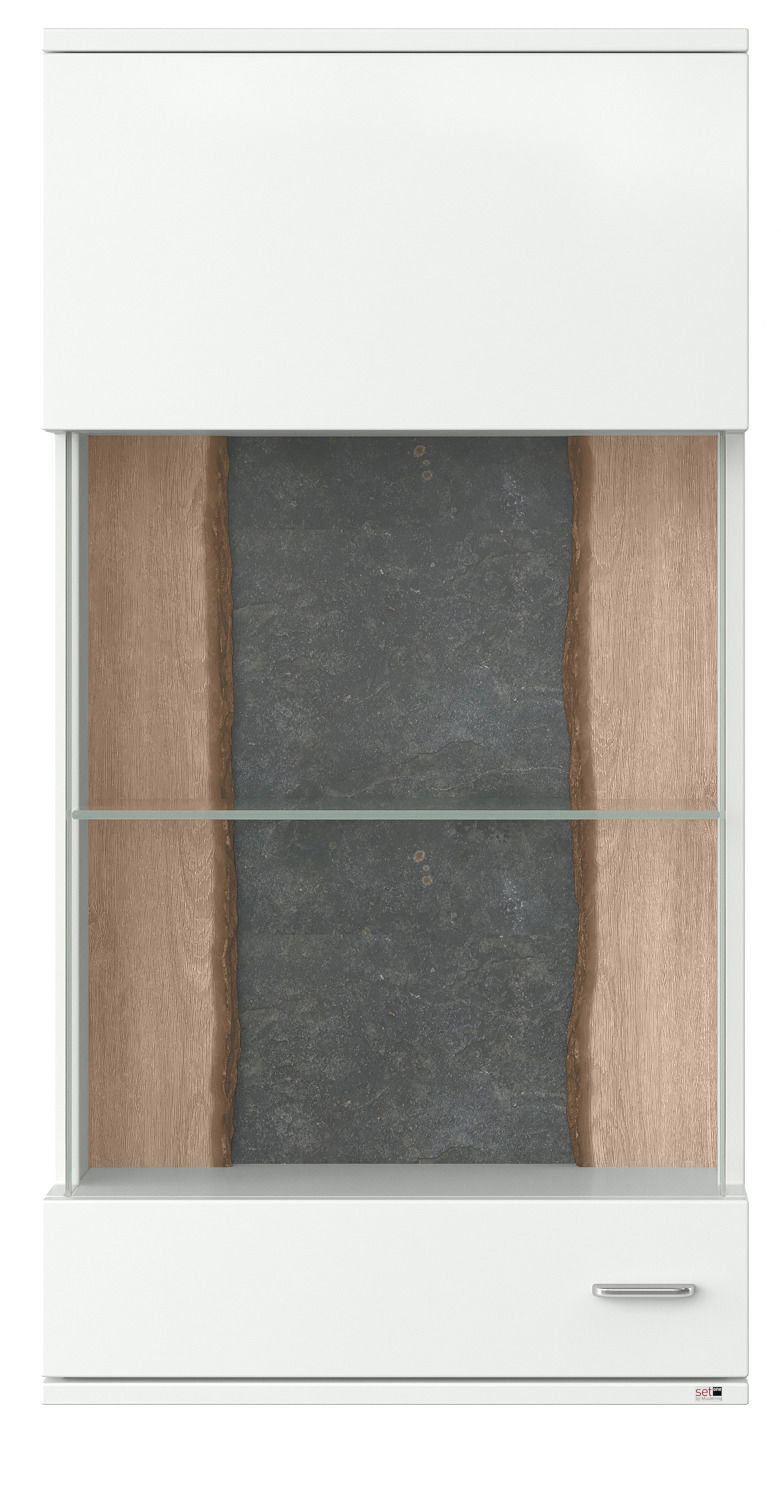 Frontansicht einer modernen Hängevitrine mit Glasboden, Holz- und Steinelementen.