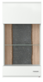 Frontansicht einer modernen Hängevitrine mit Glasboden, Holz- und Steinelementen.