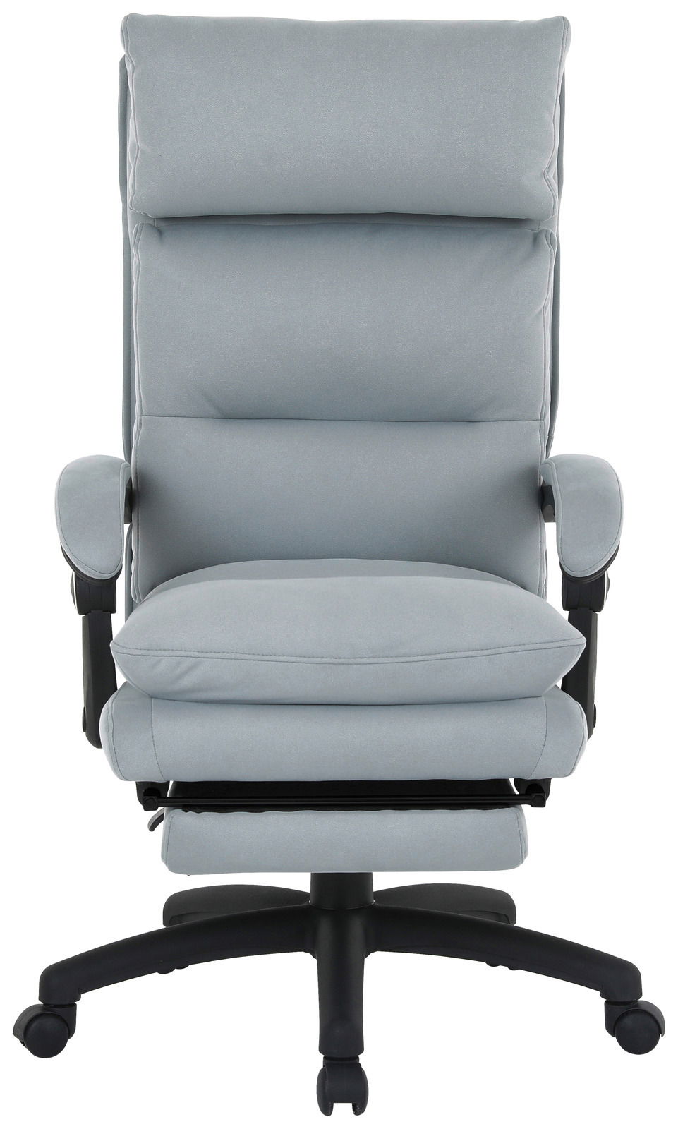Grauer Chefsessel mit gepolsterten Armlehnen und Rollen, Vorderansicht
