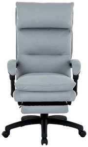 Grauer Chefsessel mit gepolsterten Armlehnen und Rollen, Vorderansicht