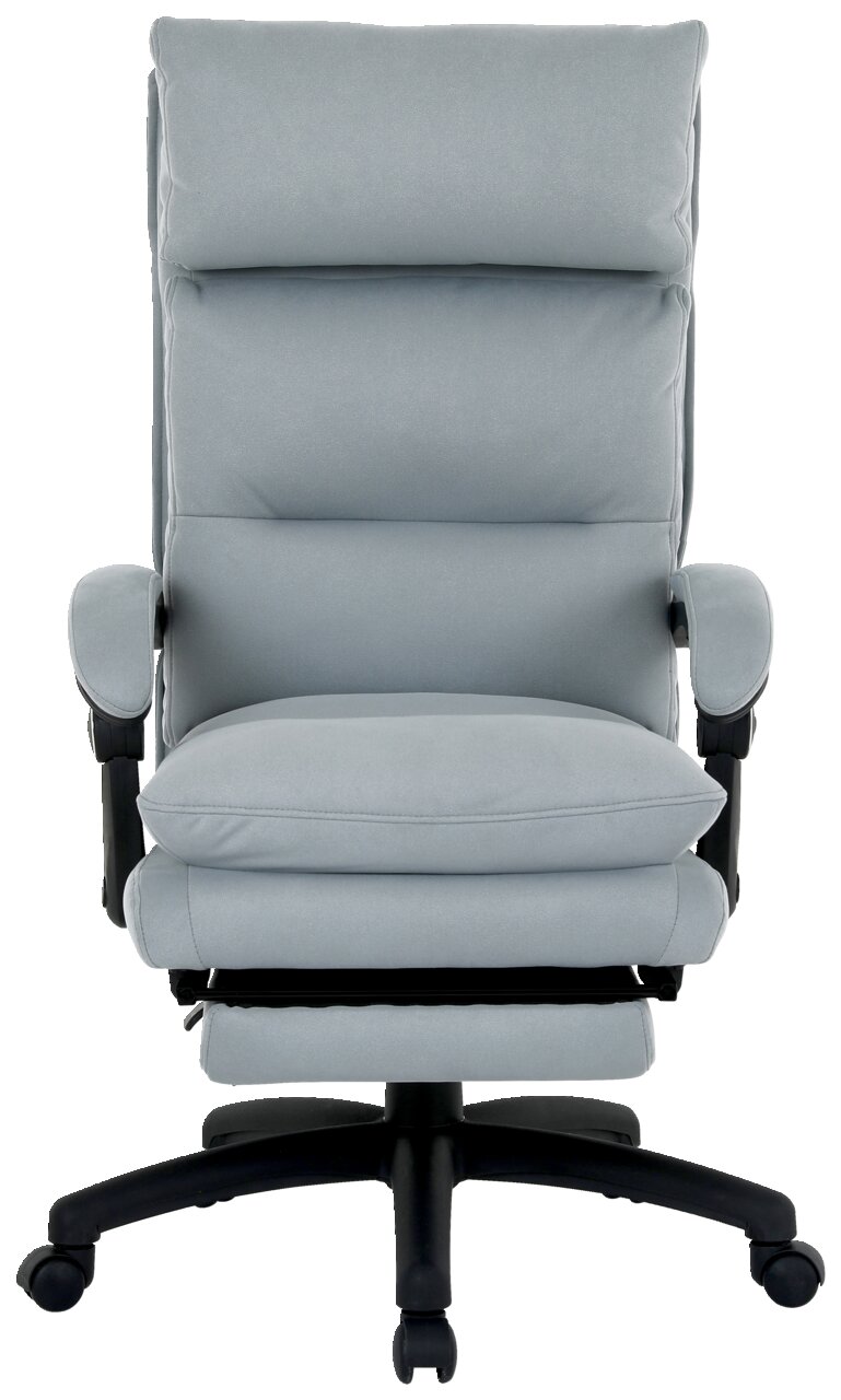 Grauer Chefsessel mit gepolsterten Armlehnen und Rollen, Vorderansicht
