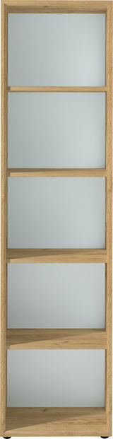 Frontale Ansicht eines XORA Aktenregals der Serie MONTERIA mit fünf offenen Regalböden in Holzoptik.