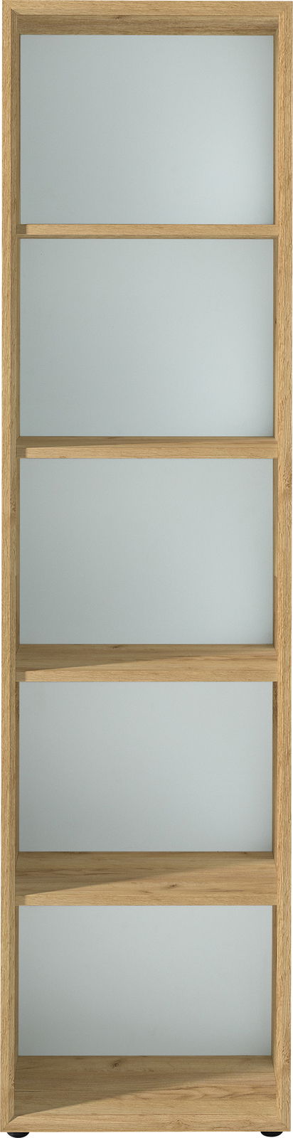 Frontale Ansicht eines XORA Aktenregals der Serie MONTERIA mit fünf offenen Regalböden in Holzoptik.