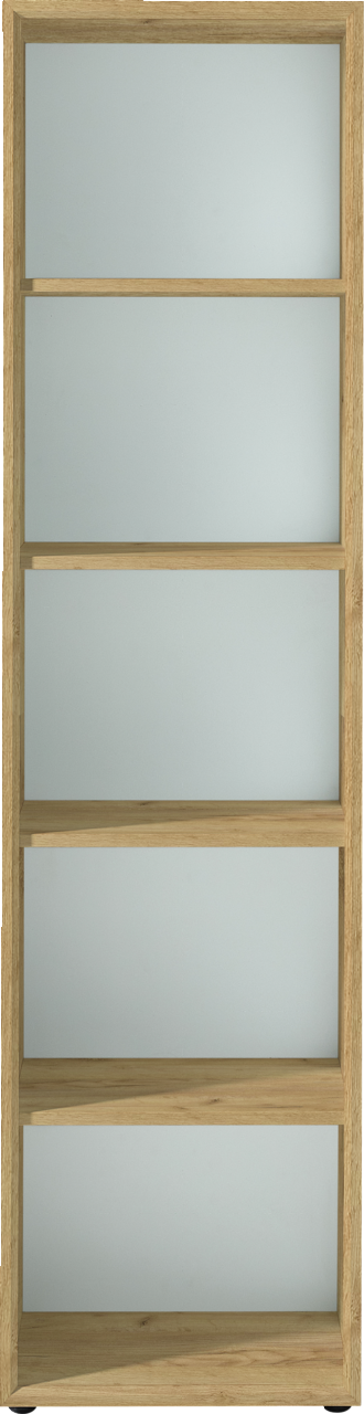 Frontale Ansicht eines XORA Aktenregals der Serie MONTERIA mit fünf offenen Regalböden in Holzoptik.