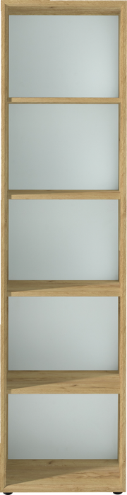 Frontale Ansicht eines XORA Aktenregals der Serie MONTERIA mit fünf offenen Regalböden in Holzoptik.