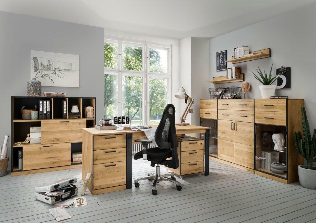 Moderne Büroumgebung mit Roll-Kommode aus Holz, seitliche Perspektive