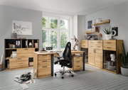 Moderne Büroumgebung mit Roll-Kommode aus Holz, seitliche Perspektive