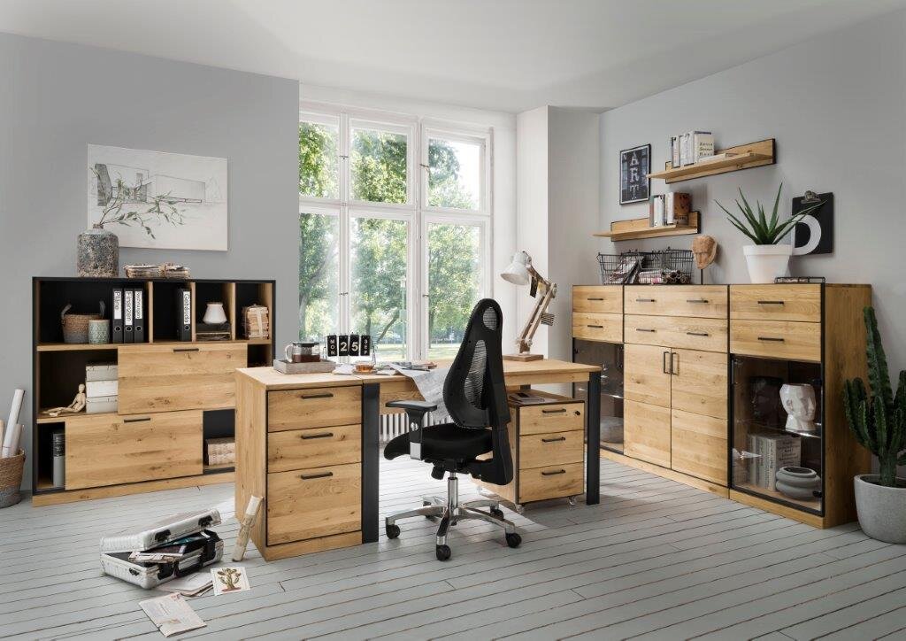 Moderne Büroumgebung mit Roll-Kommode aus Holz, seitliche Perspektive