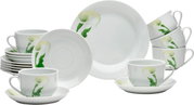 Weißes Porzellan-Kaffeeservice mit Calla-Blumenmotiv in Grün, bestehend aus Tassen mit Untertassen und Tellern, frontal in leichter Schrägansicht auf weißem Hintergrund