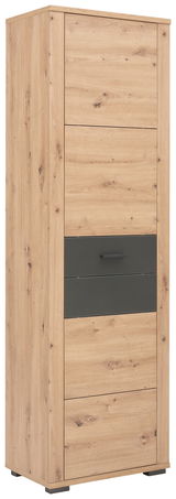 Garderobenschrank aus Holz in Eichenoptik mit dunkler Schublade, seitliche Perspektive