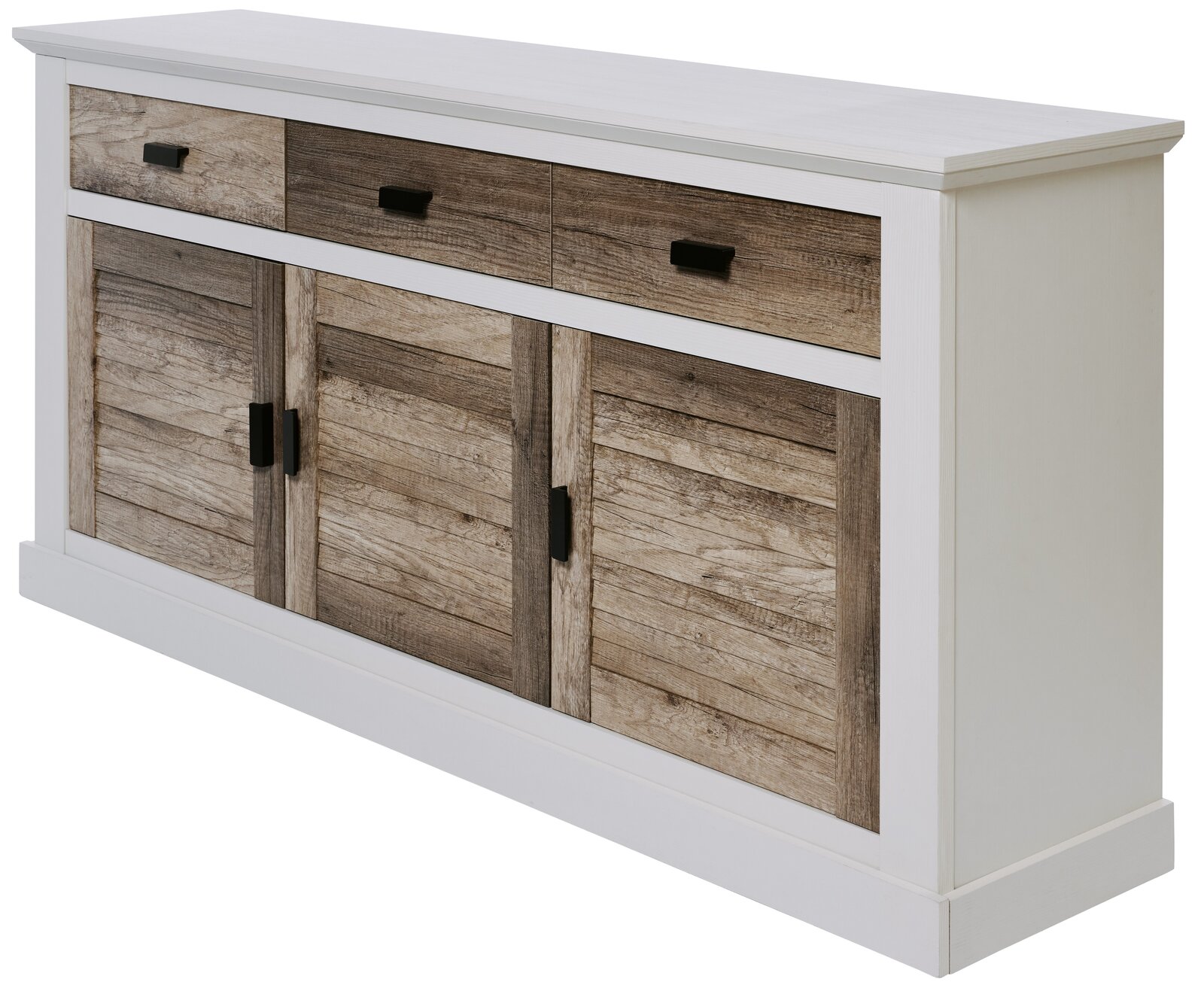 Sideboard in weiß mit drei Schubladen und drei Türen aus Holz in rustikaler Optik, seitliche Perspektive