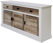 Sideboard in weiß mit drei Schubladen und drei Türen aus Holz in rustikaler Optik, seitliche Perspektive