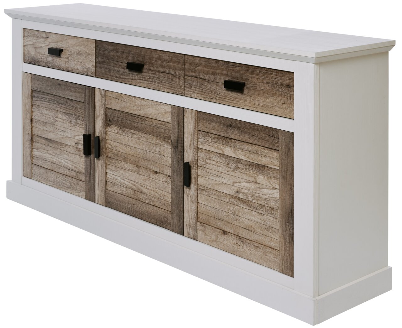 Sideboard in weiß mit drei Schubladen und drei Türen aus Holz in rustikaler Optik, seitliche Perspektive