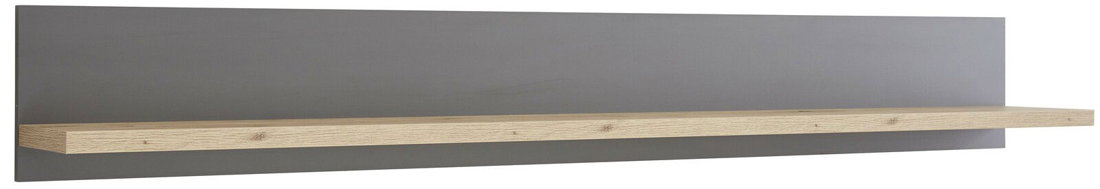 Wandpaneel mit grauer Rückwand und Holzablage, seitliche Perspektive