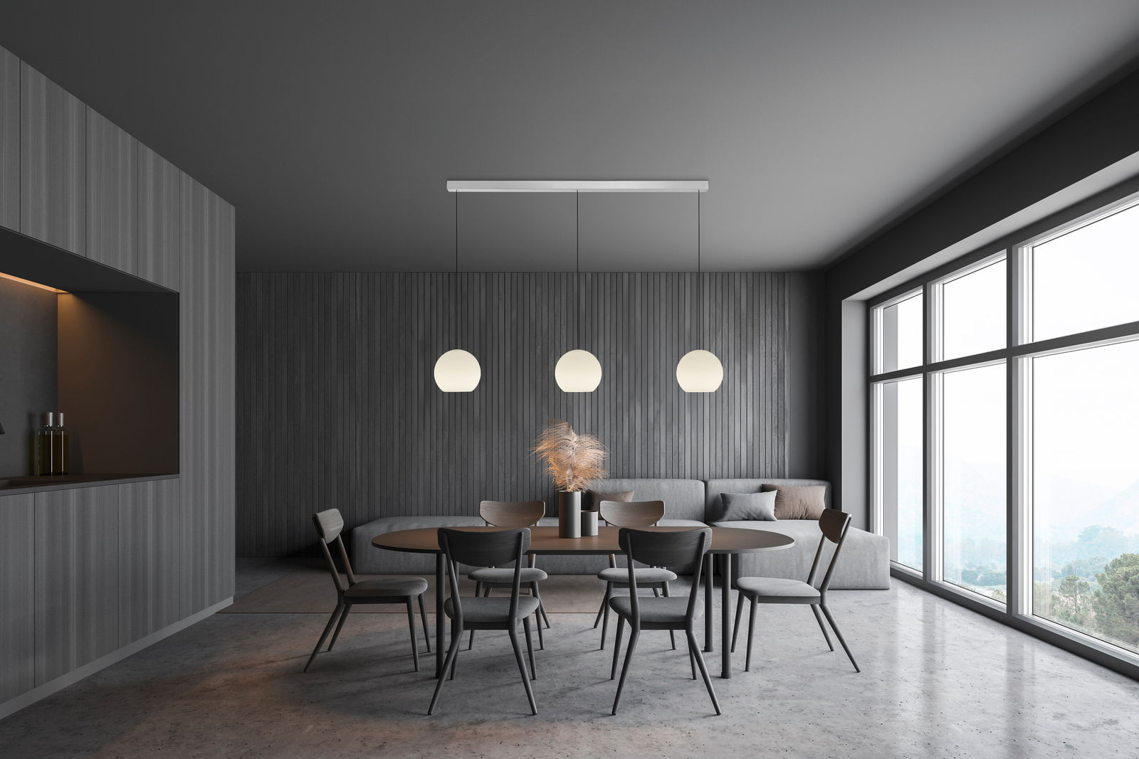 Moderne LED-Pendelleuchte GLOBE in einem stilvollen Esszimmer, frontal betrachtet, mit drei leuchtenden Kugeln über einem Esstisch.