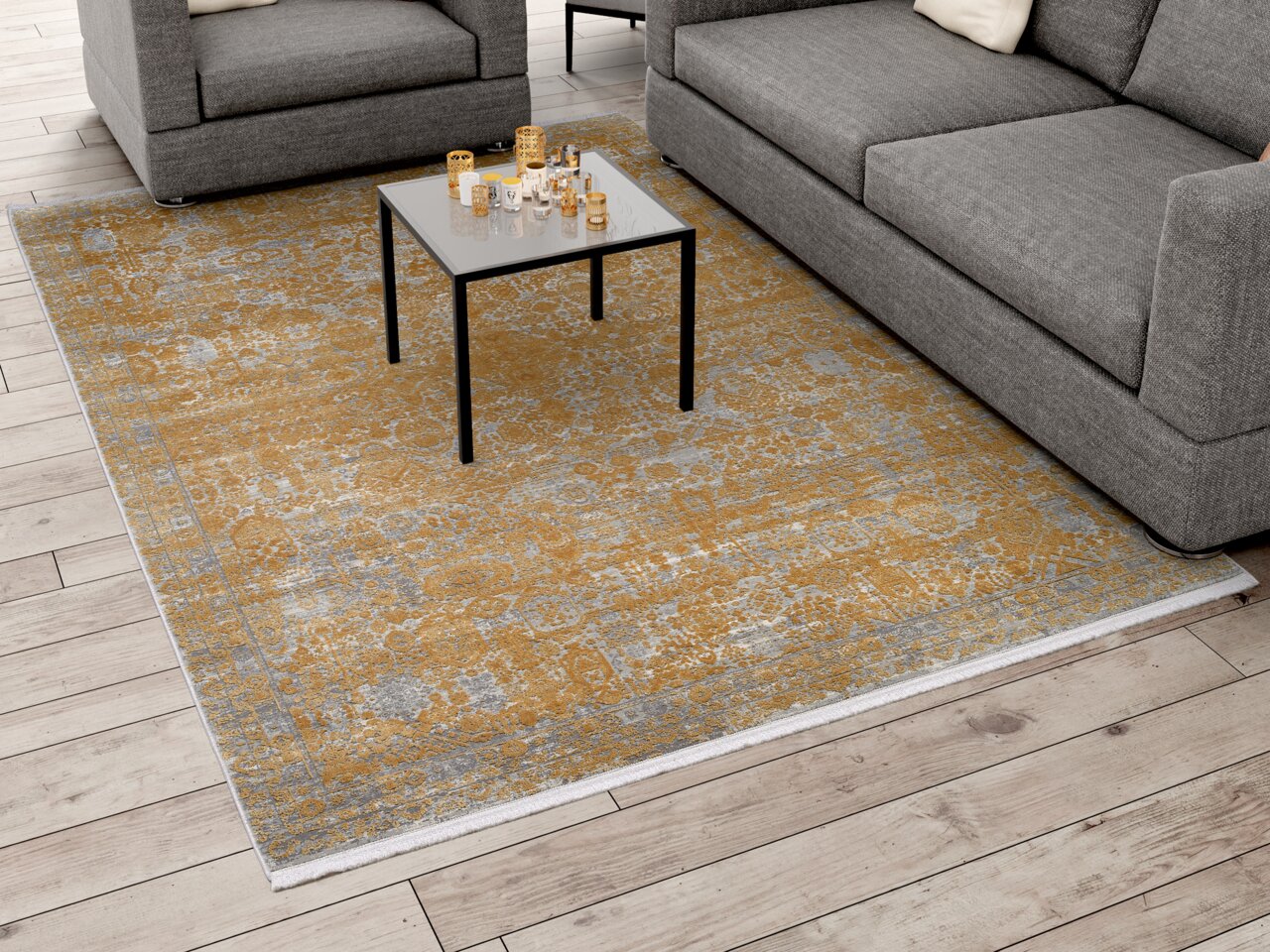 Designer Teppich in einem modernen Wohnzimmer, goldene und graue Muster, Perspektive von oben